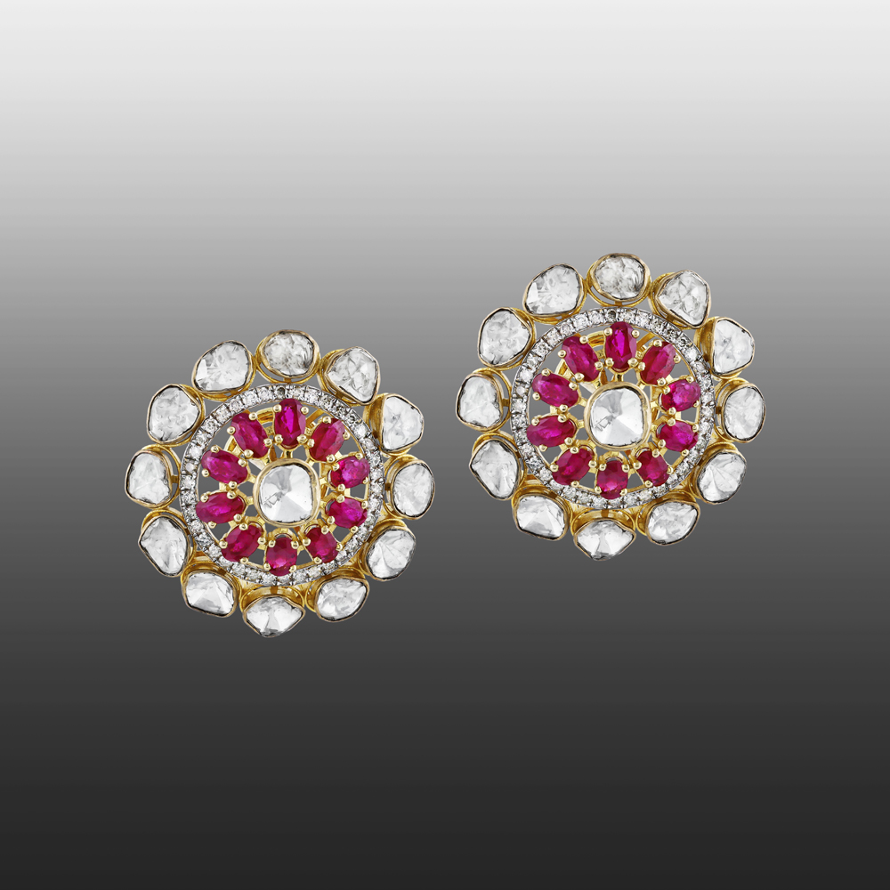Polki Earrings with Vivid Pink Colour Stone and Diamonds